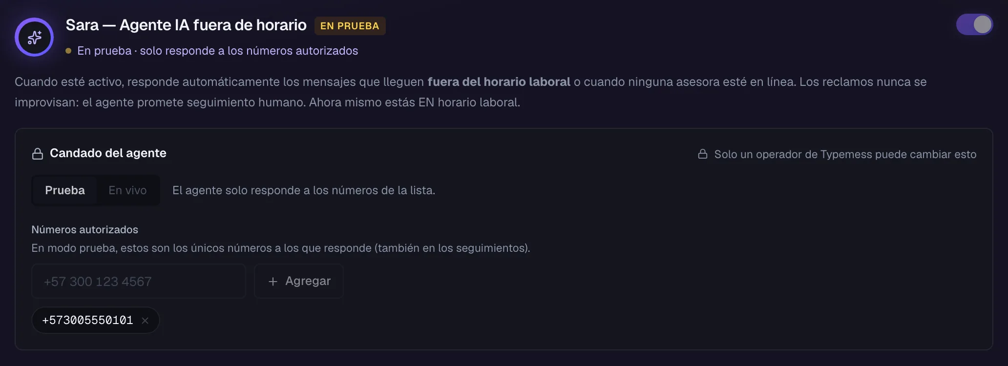 Panel del agente de IA en modo de prueba: atiende fuera del horario laboral o cuando ninguna asesora está en línea, solo responde a los números autorizados de la lista y solo un operador de Typemess puede pasarlo a En vivo.