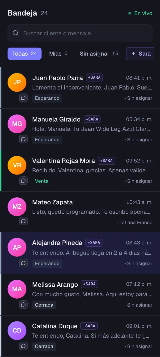 Lista de conversaciones de la Bandeja con los filtros Todas, Mías, Sin asignar y el del agente de IA; cada conversación muestra su estado (Esperando, Venta o Cerrada), si la atiende el agente de IA y la asesora asignada, o «Sin asignar».